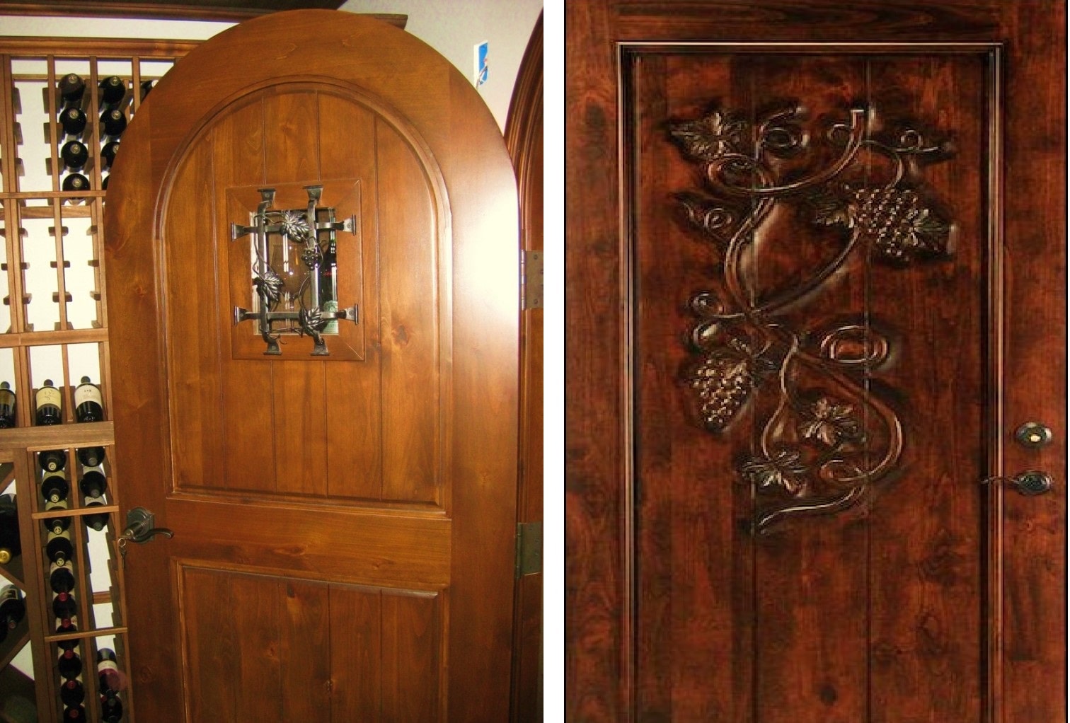 Arched wooden wine room doors with intricate design details. Durable wooden wine room doors.