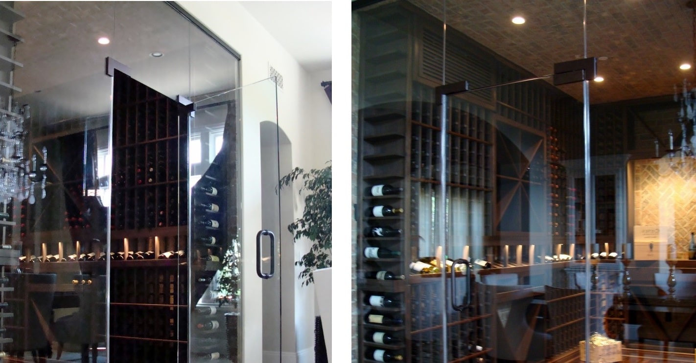 Glass wine cellar with wooden wine racking system. Click for a larger image!