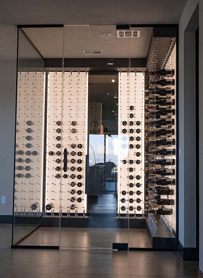 Modern custom glass home wine cellar with cable wine racks and LED panels